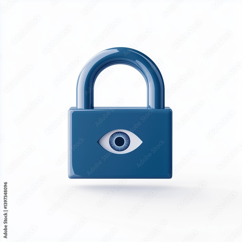 padlock icon in deep blue with a transparent circle in the center revealing a simplified eye, symbol of protected visibility, glossy body, centered on clean white background padlock icon in deep blue with a transparent circle in the center revealing a simplified eye, symbol of protected visibility, glossy body, centered on clean white background