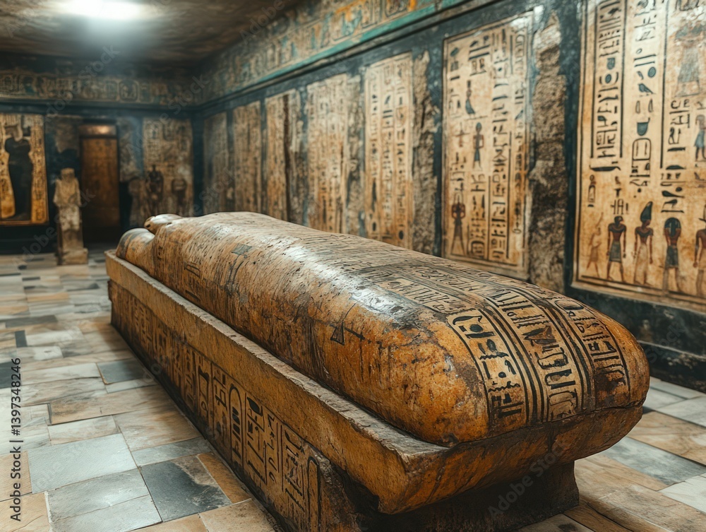 Egyptian sarcophagus rests inside ancient tomb chamber.