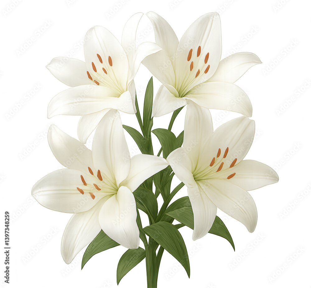 Fototapeta premium White Lily Bouquet Blooming on Transparent Background