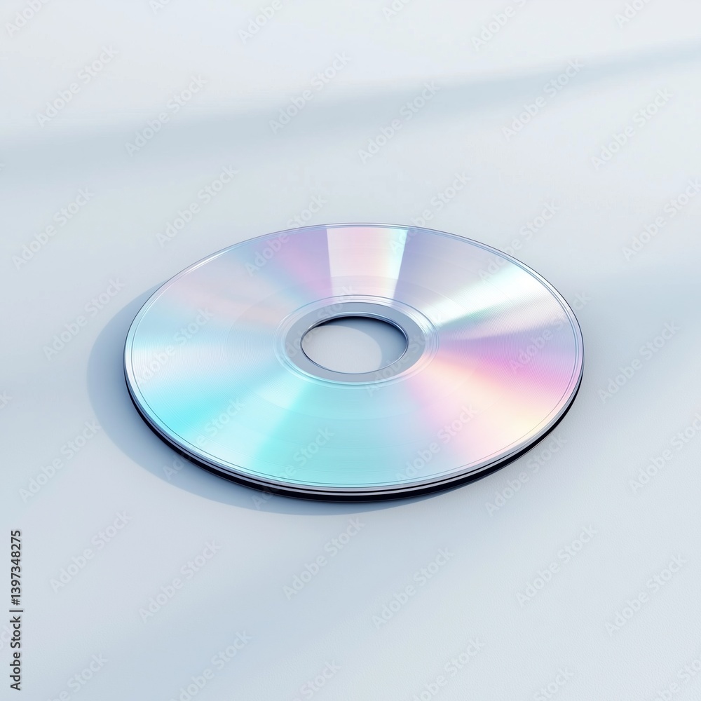 compact disc icon in brushed silver with light blue label center, casting light spectrum reflection on white surface, retro tech vibe compact disc icon in brushed silver with light blue label center, casting light spectrum reflection on white surface, retro tech vibe