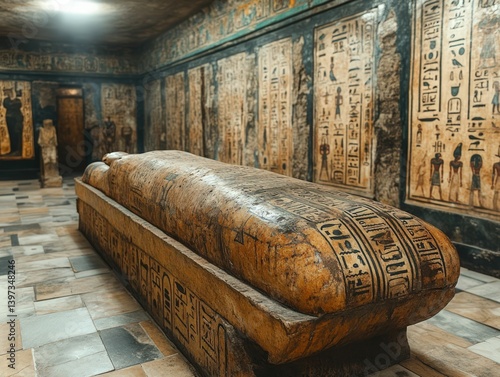 Obraz na płótnie Egyptian sarcophagus rests inside ancient tomb chamber. w salonie