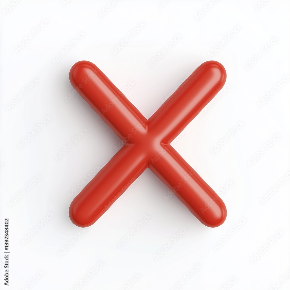 3D cancel symbol (X mark) in red silicone texture, rounded edges, subtle inner shadow for depth 3D cancel symbol (X mark) in red silicone texture, rounded edges, subtle inner shadow for depth