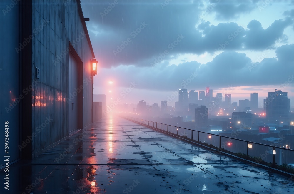 Obraz premium A wet, industrial rooftop at dawn. City skyline in the hazy distance, a lone lamp casts an orange glow on the reflective, rain-slicked pavement. A sense of mystery and solitude pervades.