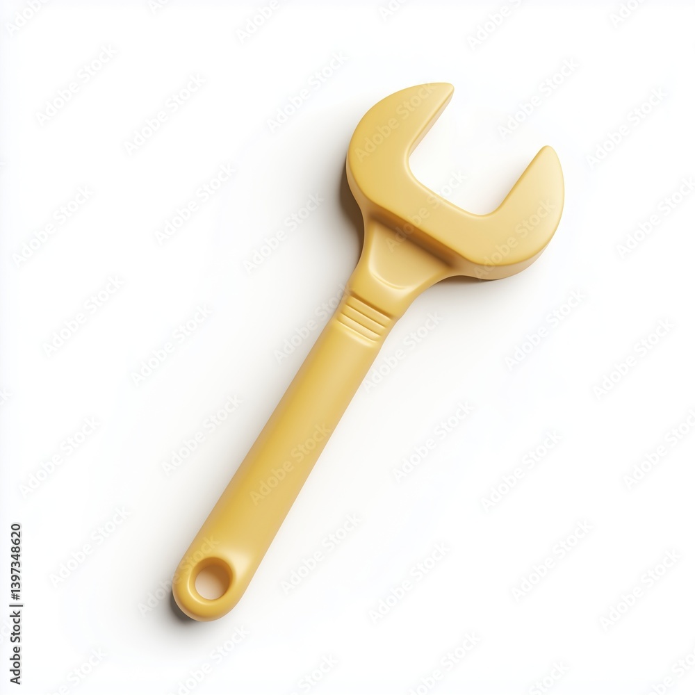 3D wrench tool icon in soft yellow silicone material, stylized rounded grip, floating at slight rotation on pure white background, repair or settings concept 3D wrench tool icon in soft yellow silicone material, stylized rounded grip, floating at slight rotation on pure white background, repair or settings concept