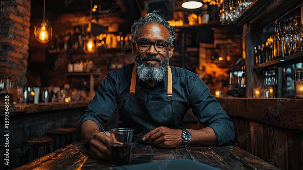 Smiling bartender in a dimly lit bar Smiling bartender in a dimly lit bar