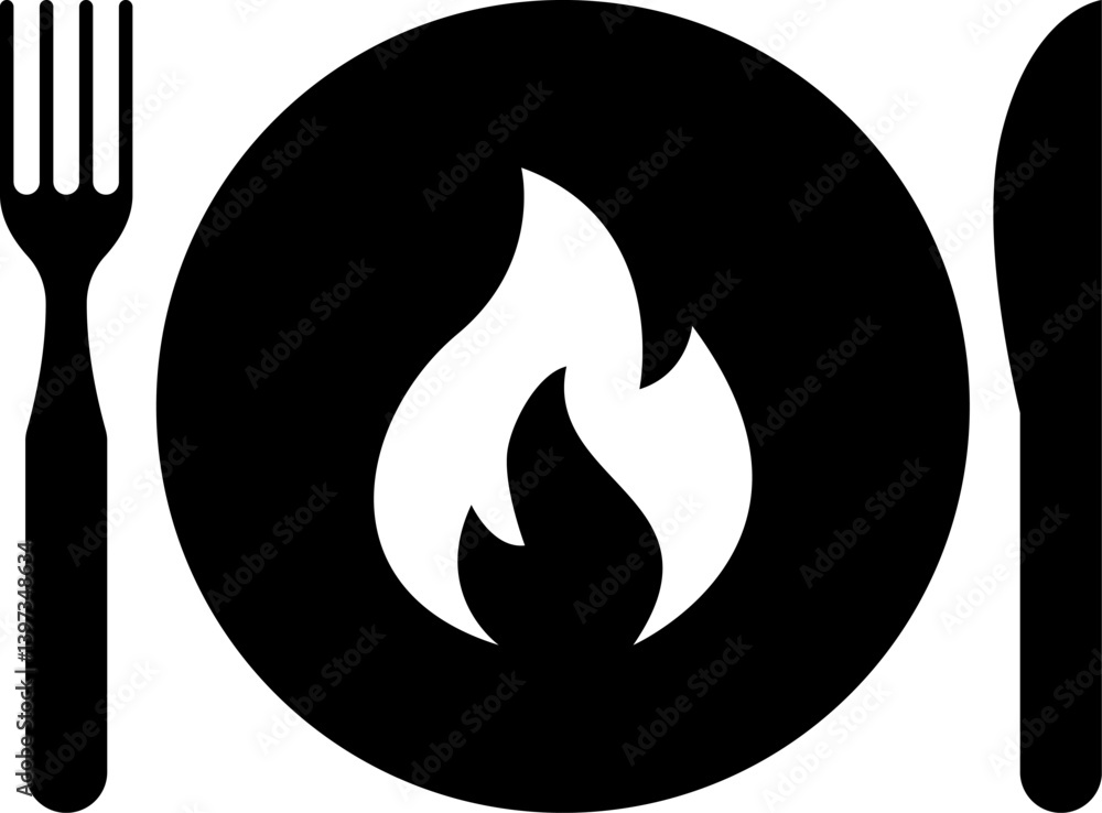Vector spicy food icon, plate and cutlery with fire flat icon. Spicy food and culinary solid icon. Fiery cuisine, hot dishes. Symbol and sign illustration design flavor silhouette symbol Vector spicy food icon, plate and cutlery with fire flat icon. Spicy food and culinary solid icon. Fiery cuisine, hot dishes. Symbol and sign illustration design flavor silhouette symbol