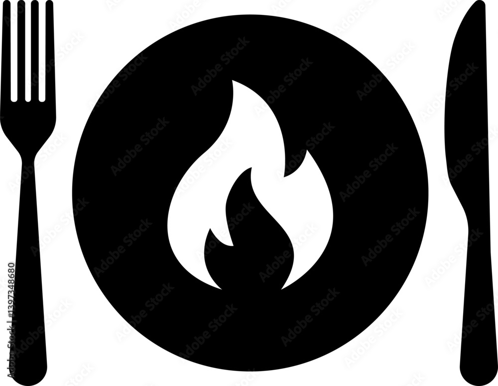 Vector spicy food icon, plate and cutlery with fire flat icon. Spicy food and culinary solid icon. Fiery cuisine, hot dishes. Symbol and sign illustration design flavor silhouette symbol Vector spicy food icon, plate and cutlery with fire flat icon. Spicy food and culinary solid icon. Fiery cuisine, hot dishes. Symbol and sign illustration design flavor silhouette symbol