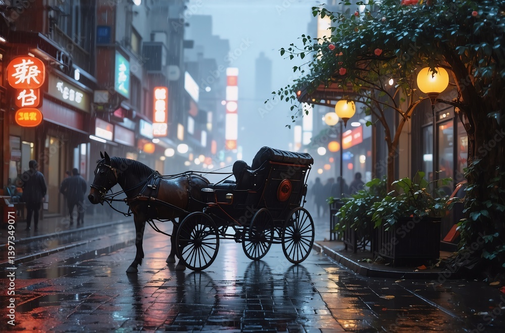 Naklejka premium A horse-drawn carriage stands on a rain-slicked street in a vibrant, bustling Asian city at night. Neon lights reflect on the wet pavement, creating a moody atmosphere.