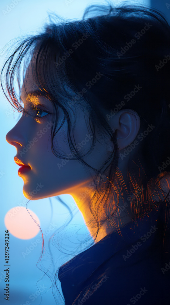 Naklejka premium Softly glowing composition fusing airy blue lights with a gentle portrait, partial outlines fading