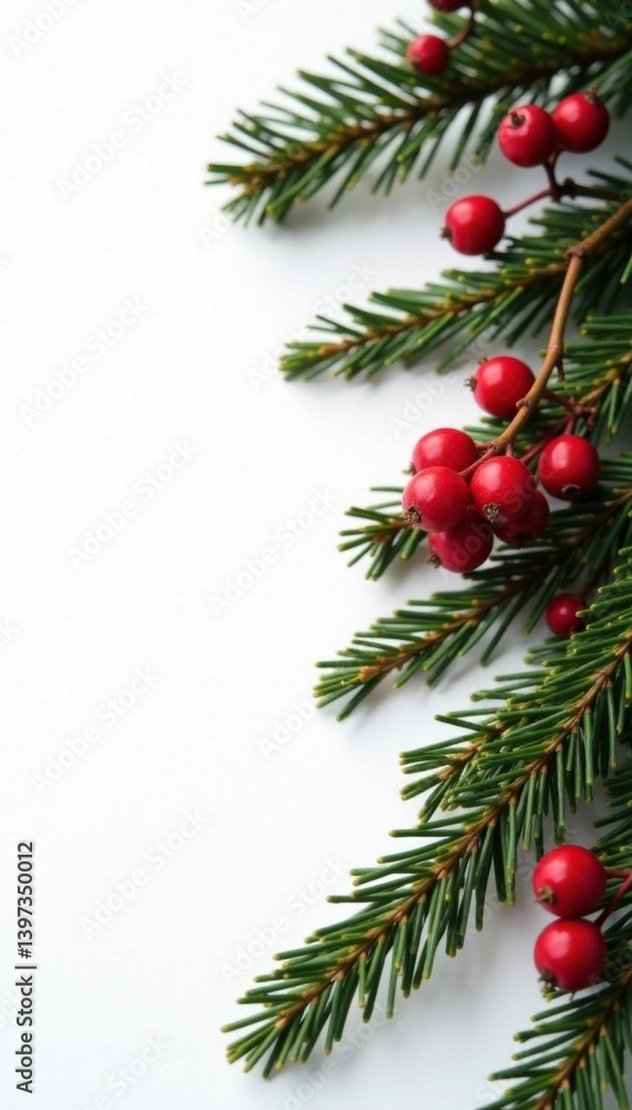 Dark brown Christmas tree branches with red berries against a white background, snowflake, frosty, Christmas tree branch Dark brown Christmas tree branches with red berries against a white background, snowflake, frosty, Christmas tree branch