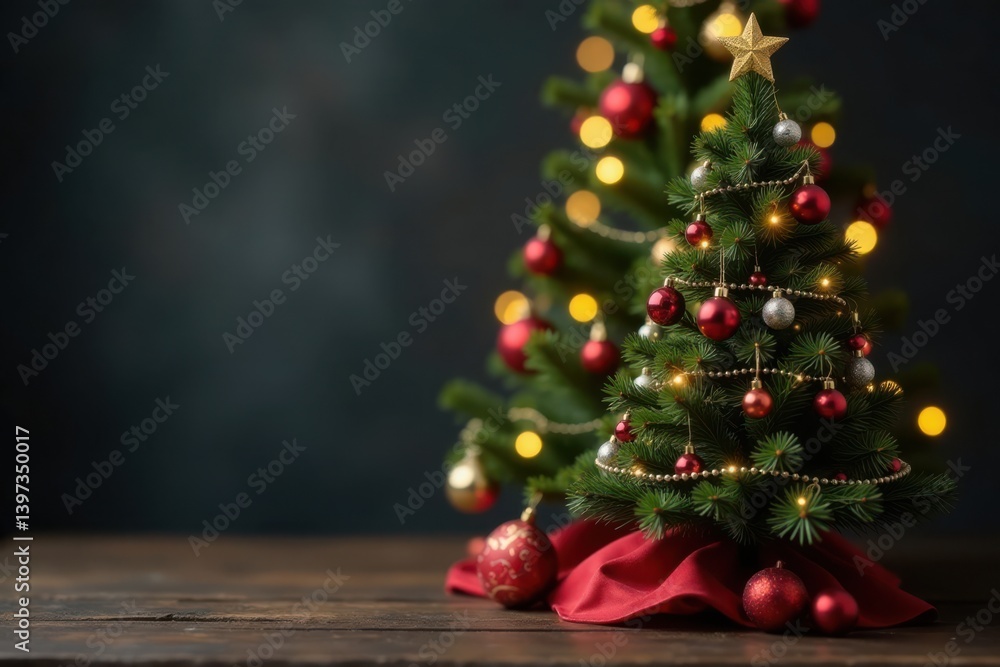 Dark brown wooden Christmas tree stand in front of a decorated tree , wooden stand, dark wood Dark brown wooden Christmas tree stand in front of a decorated tree , wooden stand, dark wood