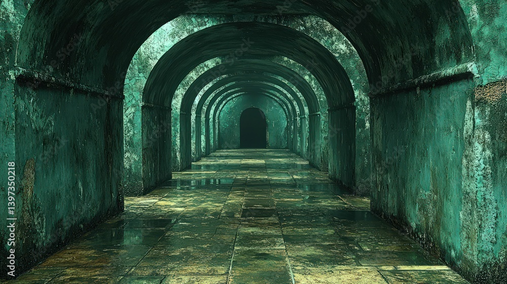 Fototapeta premium Worn archway tunnel with dark distant entrance.