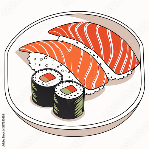 Isometric Cartoon Salmon Nigiri & Maki Rolls Sushi Illustration Plate