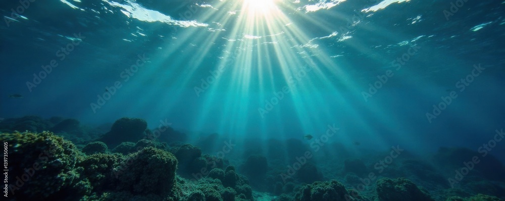 Fototapeta premium Dark blue ocean surface reflecting sunbeams and seaweed, aquatic, blue, underwater