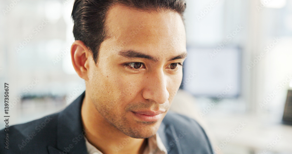 Face, reading or businessman with information for research, financial news or profit evaluation. Budget, finance advisor or Asian economist with technology for revenue growth, payroll or investment Face, reading or businessman with information for research, financial news or profit evaluation. Budget, finance advisor or Asian economist with technology for revenue growth, payroll or investment