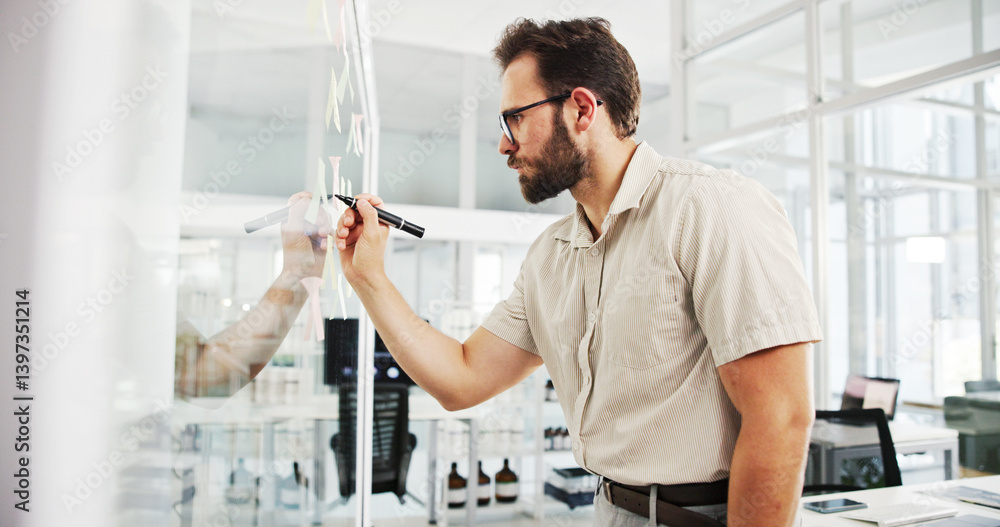 Business, glass wall and man with creativity, writing and planning with ideas for proposal. Person, employee and sales consultant in workplace, problem solving and brainstorming for project or choice