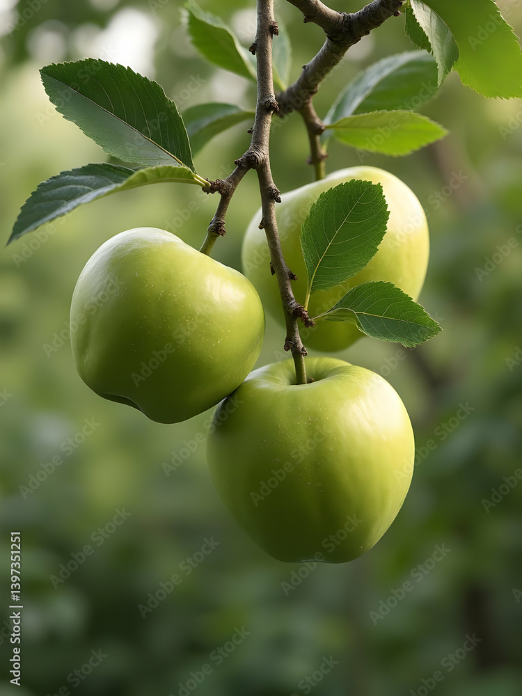 Fresh green apples hanging on tree branch in orchard, close-up of organic fruit in natural sunlight with vibrant leaves, healthy food concept, ripe harvest, high quality nature background Fresh green apples hanging on tree branch in orchard, close-up of organic fruit in natural sunlight with vibrant leaves, healthy food concept, ripe harvest, high quality nature background
