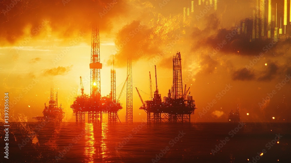 Obraz premium Double Exposure of Oil Rigs with Upward Trend Visualization at Sunset