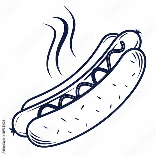 Hotdog Illustration with Mustard and Steam - Line Art Vector Graphic