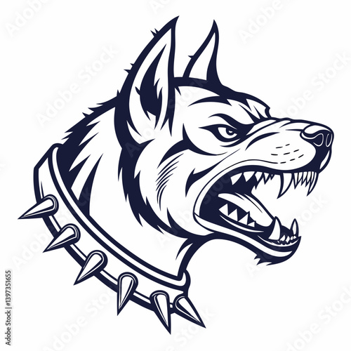 Aggressive Angry Dog Head Vector: Black and White Spiked Collar Illustration