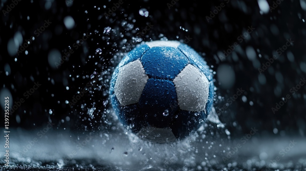Fototapeta premium Soccer ball in mid-air, water droplets exploding around it