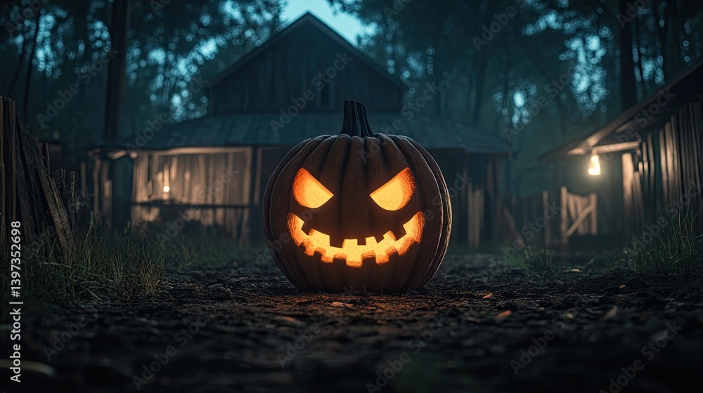Obraz premium Spooky pumpkin in a haunted forest. Illuminated jack-o'-lantern in front of old farm buildings