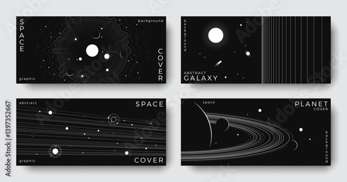 Set of abstract space astronomy horizontal backgrounds. Line art galaxy, universe, planet, solar system. Black and white science concept. Minimalist design for cover, poster, banner, flyer, brochure