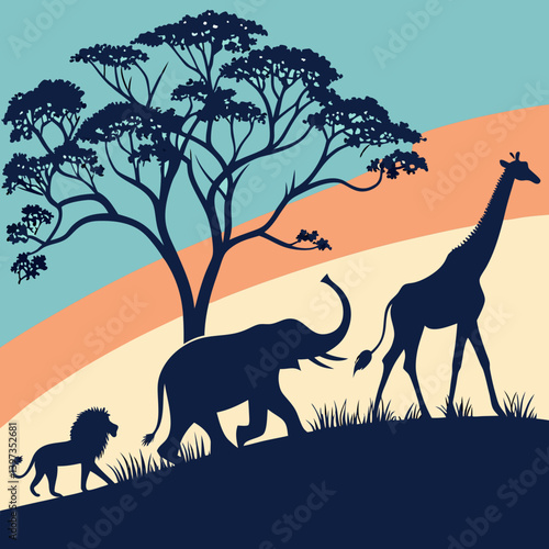 Stylized African Savanna Wildlife Animals Silhouette Vector Graphic Art Lion Elephant Giraffe Tree Landscape Scene