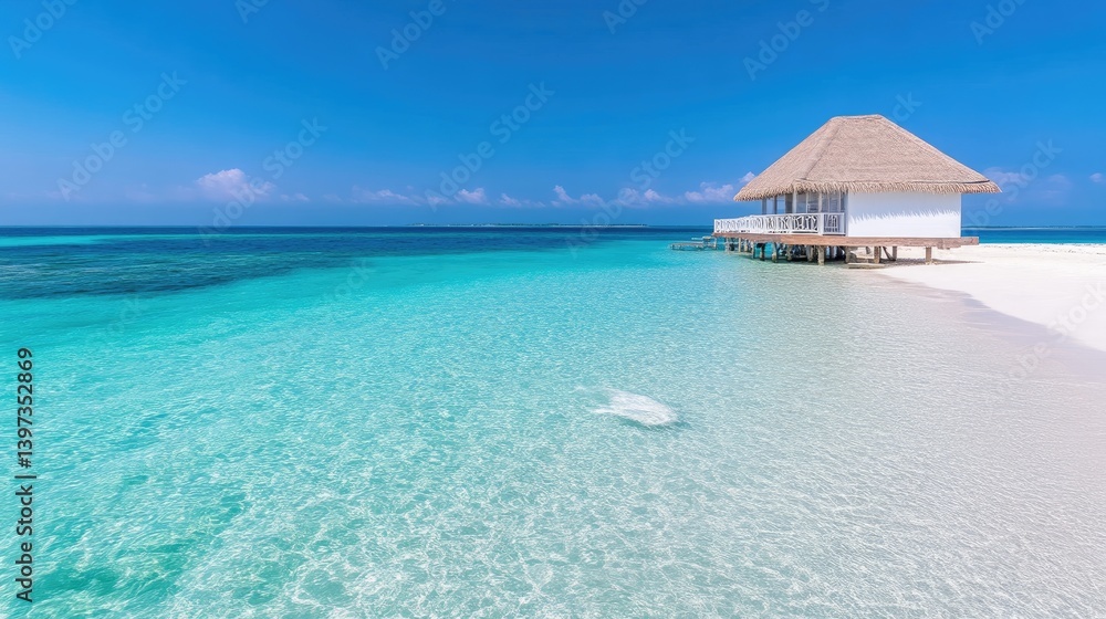 Overwater Bungalow Crystal Waters Vibrant tropical style High-definition bright sunlight Wide tranquil scene Shallow turquoise lagoon Relaxation paradise Bright azure tones Travel brochure imagery Overwater Bungalow Crystal Waters Vibrant tropical style High-definition bright sunlight Wide tranquil scene Shallow turquoise lagoon Relaxation paradise Bright azure tones Travel brochure imagery