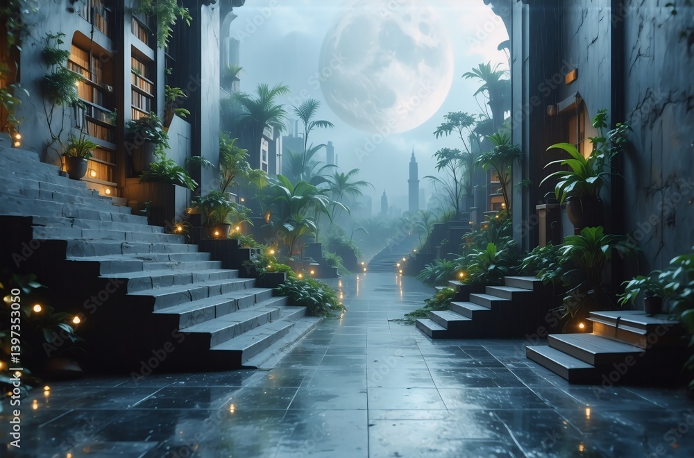 Fototapeta premium A moonlit, overgrown passage between ancient stone structures. Lush vegetation climbs the decaying architecture, illuminated by soft candlelight. A mysterious, tranquil scene.