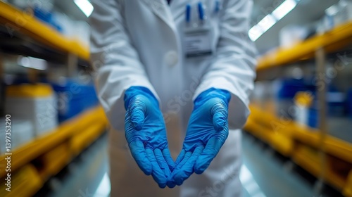 Gloved hands extended forward in lab coat. Shelves in the blurred background