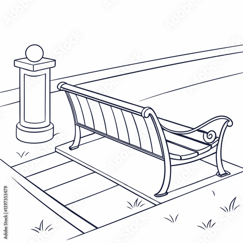 Outdoor Bench Lamp Post Line Art Illustration Coloring Page Art