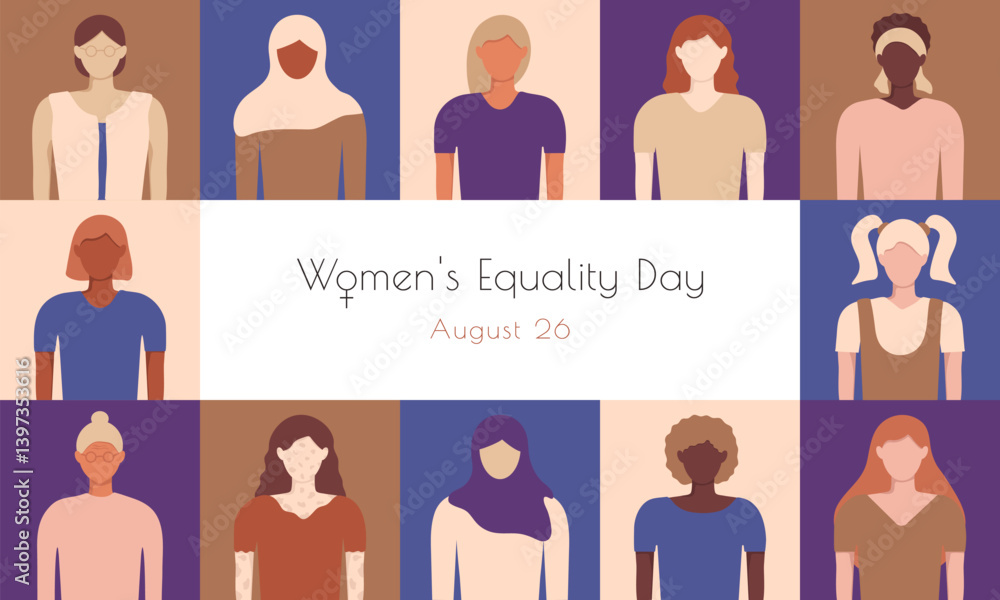 Women's Equality day banner template. August 26. Diversity girls. Women's Equality day banner template. August 26. Diversity girls.