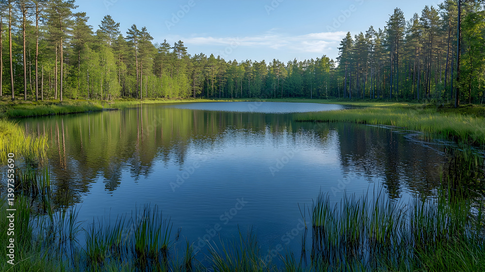 Serene Forest Pond Reflects Tranquil Trees, Sky in Still Waters, Natural Beauty Serene Forest Pond Reflects Tranquil Trees, Sky in Still Waters, Natural Beauty