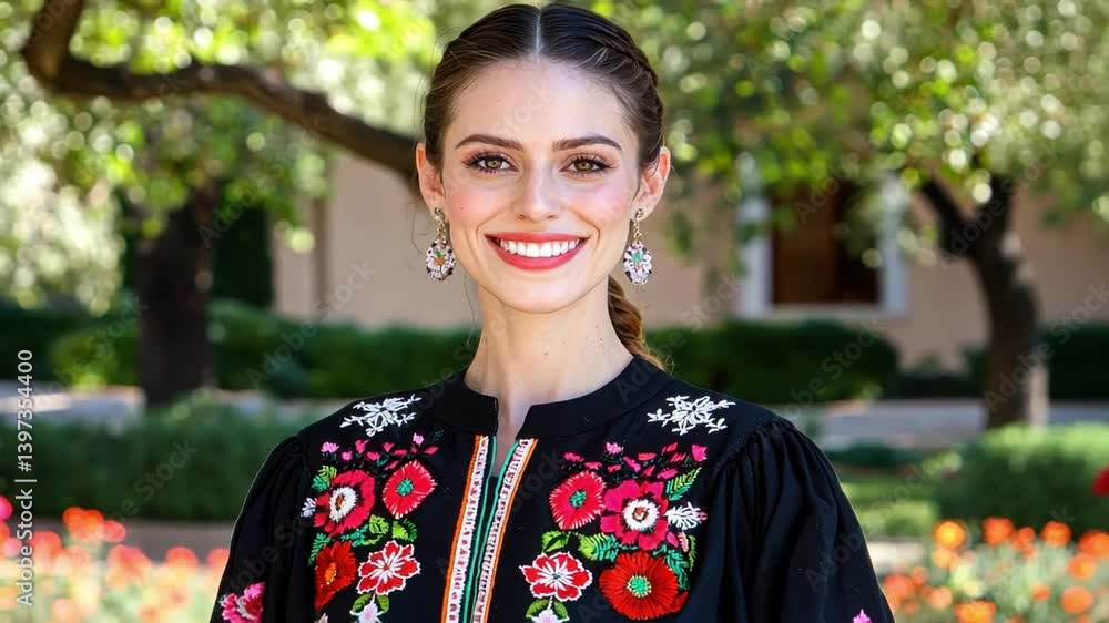 Young woman in traditional embroidered blouse smiling outdoors with colorful flowers and greenery in the background Young woman in traditional embroidered blouse smiling outdoors with colorful flowers and greenery in the background