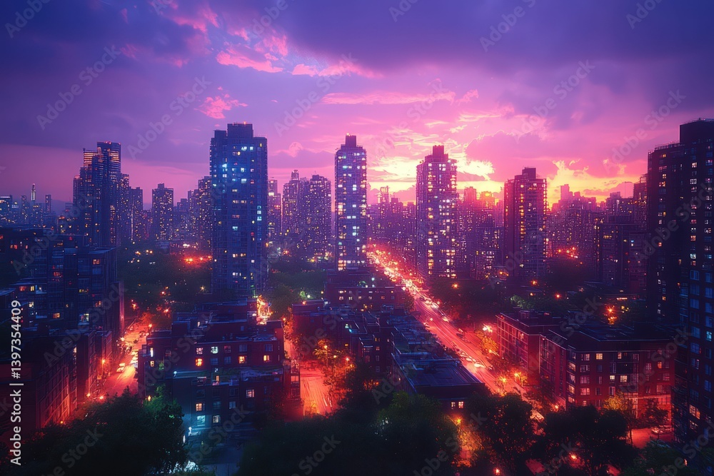 Obraz premium Vibrant city skyline bathed in sunset colors