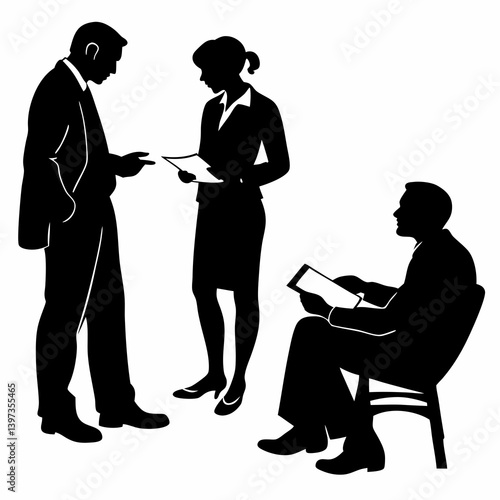 Office Meeting Silhouettes Business Professionals Discussing Documents Vector
