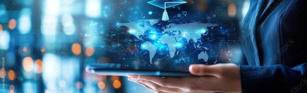 Businesswoman Holding Tablet Displaying Global Digital Network and Graduation Cap Icon Businesswoman Holding Tablet Displaying Global Digital Network and Graduation Cap Icon