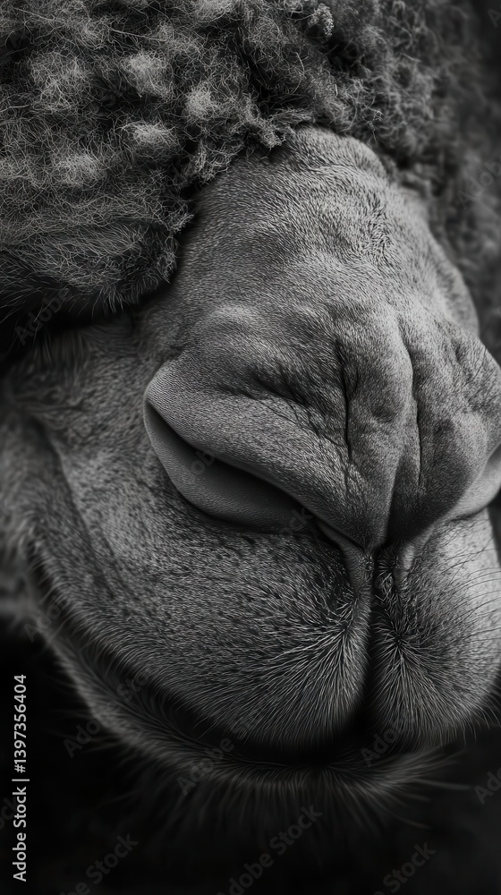 Obraz premium A detailed closeup of an alpaca face shown in monochrome tones