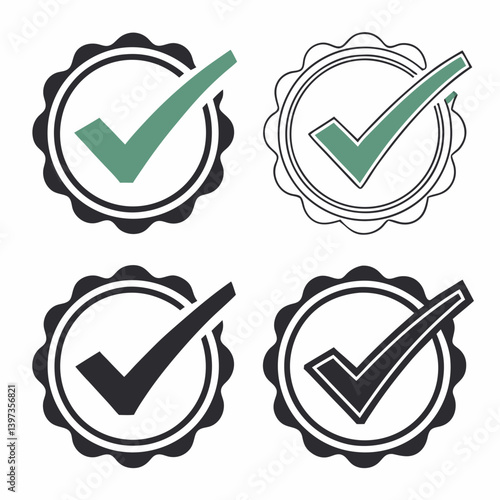 Green & Black Checkmark Icons Vector Tick Marks in Scalloped Circle Badges for Verification and Approval