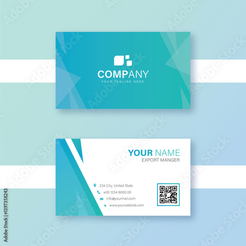 Professional Business Card Template for Corporate Identity, Modern Blue and Green Geometric Design with Company Branding and Tagline