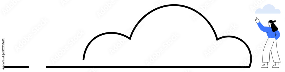 Woman pointing at minimalist cloud-shaped element, expressing creativity, technology, data storage, innovation, inspiration, connectivity, and collaboration. Ideal for flat simple metaphor Woman pointing at minimalist cloud-shaped element, expressing creativity, technology, data storage, innovation, inspiration, connectivity, and collaboration. Ideal for flat simple metaphor