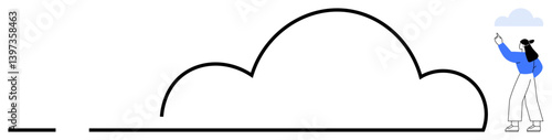 Woman pointing at minimalist cloud-shaped element, expressing creativity, technology, data storage, innovation, inspiration, connectivity, and collaboration. Ideal for flat simple metaphor