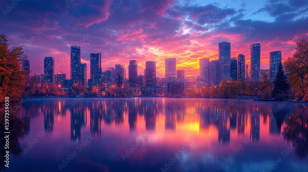 Obraz premium City skyline reflecting on water at dusk; buildings, trees, and colorful sky