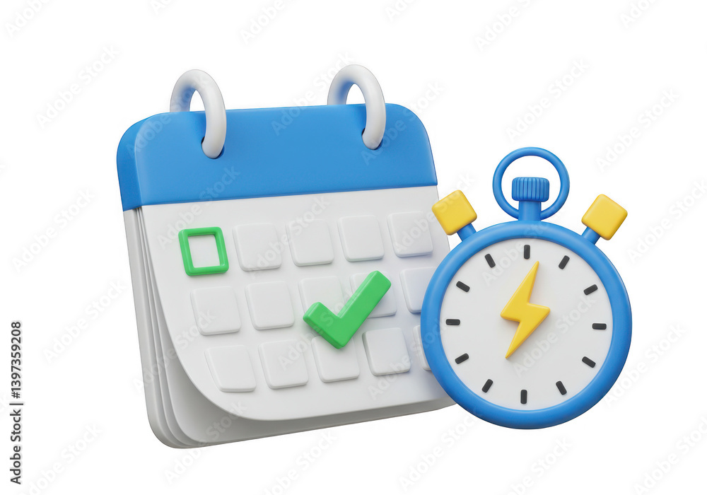 Calendar with green checkmark and blue stopwatch clock illustration Calendar with green checkmark and blue stopwatch clock illustration