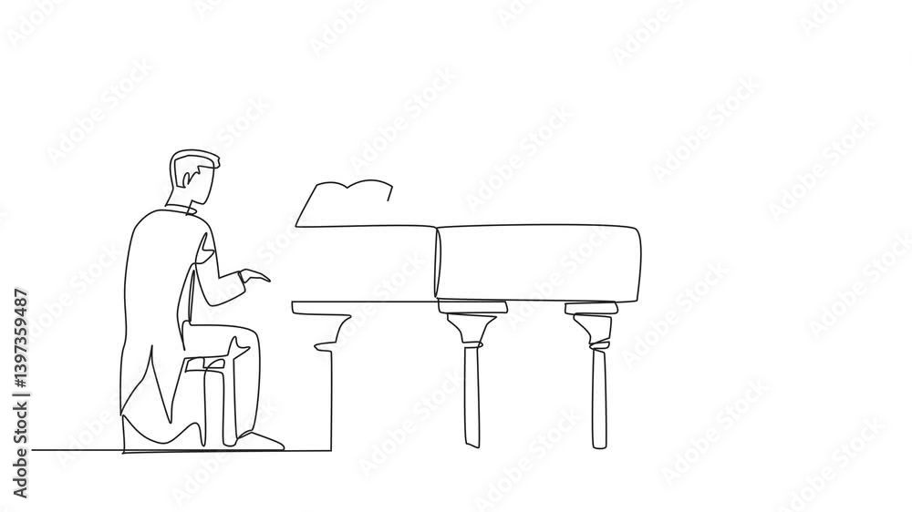 Self drawing animation of single one line drawing a man sitting playing a grand piano. A skilled musician in the fields of classical and jazz music. Show. International Jazz Day. Full length animated Self drawing animation of single one line drawing a man sitting playing a grand piano. A skilled musician in the fields of classical and jazz music. Show. International Jazz Day. Full length animated