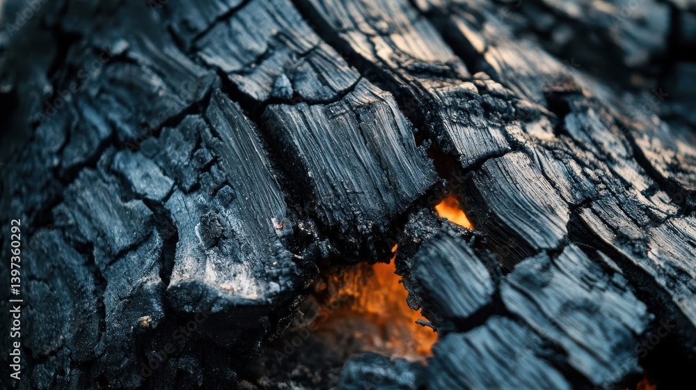 Intimate view of charred wood and vibrant orange flames Intimate view of charred wood and vibrant orange flames