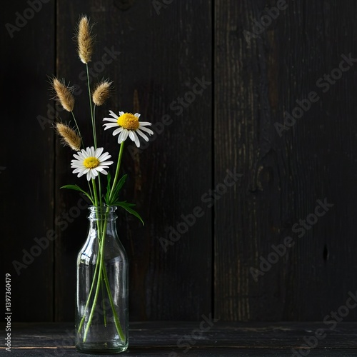 A small bouquet of spring wildflowers, free standing in a clear glass jar. 