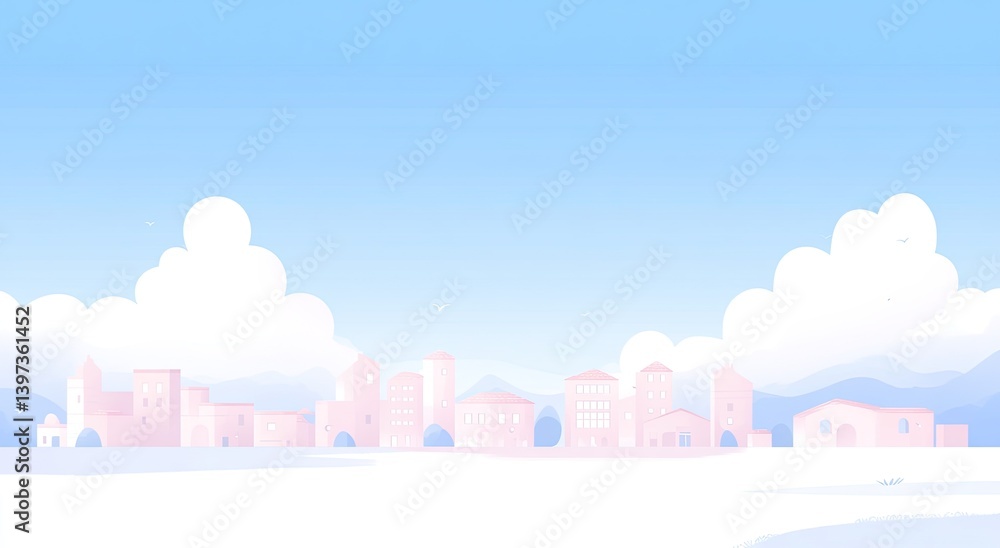 Pastel colored cityscape with soft clouds and buildings.