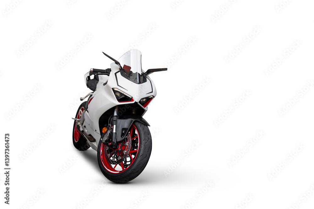 White and red sport motorcycle viewed from the front isolated on transparent background. Sleek fairing with angular lines and twin headlights White and red sport motorcycle viewed from the front isolated on transparent background. Sleek fairing with angular lines and twin headlights
